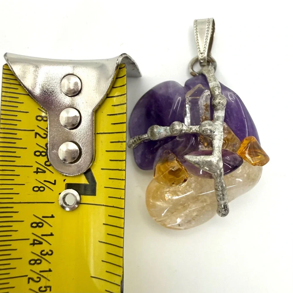 Amethyst Citrine Quartz Crystal Pendant Silver Tone Brutalist‎ Boho Artisan